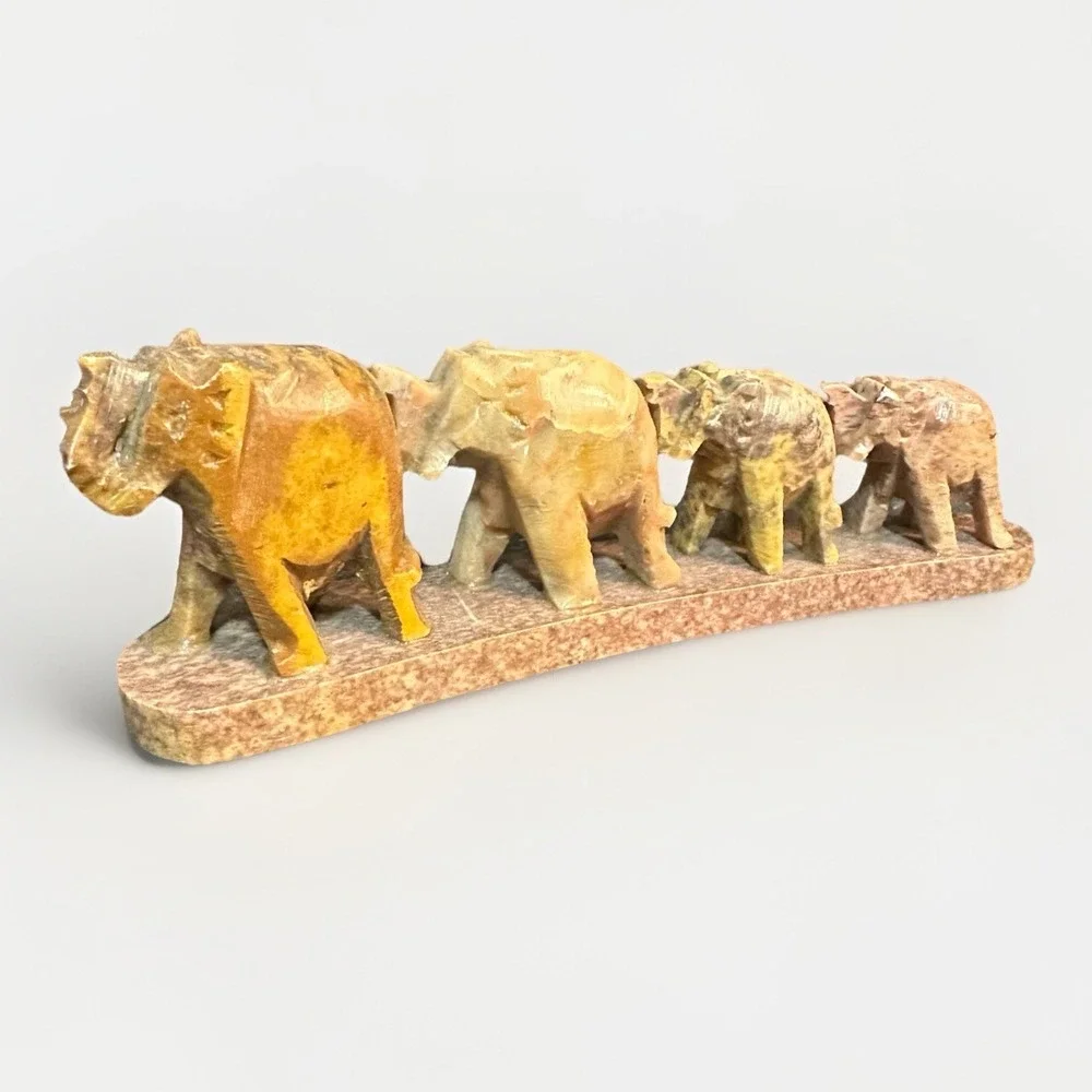 Vintage Indian Solid Carved Soapstone 4 Walking Elephant Incense Holder  6